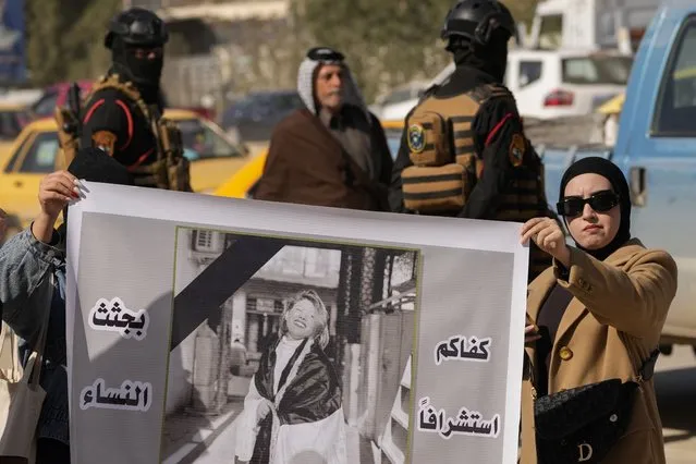 Demonstrators carry a poster with a picture of Tiba Ali, a YouTube star who was recently killed by her father, in Diwaniya, Iraq, Sunday, February 5, 2023. Iraq's Interior Ministry spokesman Saad Maan on Friday announced that Tiba Ali was killed by her father on Jan. 31, who then turned himself into the police. (Photo by Hadi Mizban/AP Photo)