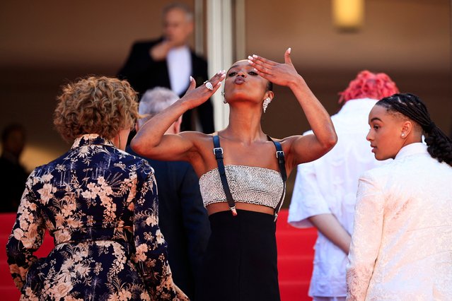 British actress Jasmine Jobson blows kisses as she arrives for the screening of the film “Bird” at the 77th edition of the Cannes Film Festival in Cannes, southern France, on May 16, 2024. (Photo by Valery Hache/AFP Photo)