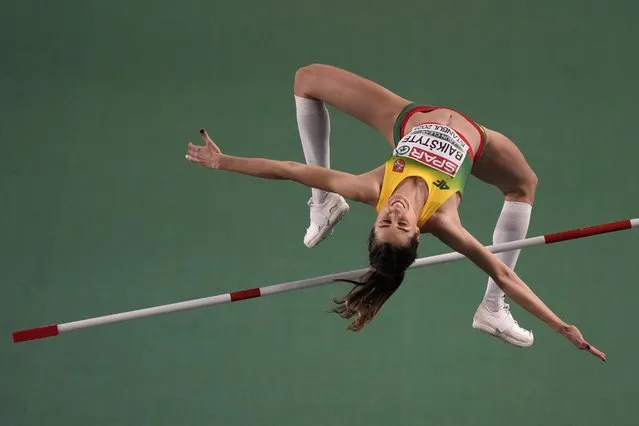 Urte Baikstyte, of Lithuania, fails an attempt in the Women High Jump qualification at the European Athletics Indoor Championships at Atakoy Arena in Istanbul, Turkey, Thursday, March 2, 2023. (Photo by Khalil Hamra/AP Photo)