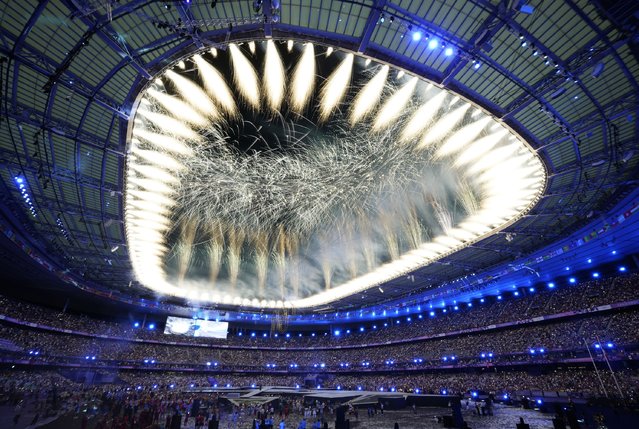 Fireworks go off at the end of the closing ceremony at the Stade de France at the 2024 Summer Olympics, in Saint-Denis, France, on Sunday, August 11, 2024. (Photo by Jabin Botsford/The Washington Post)