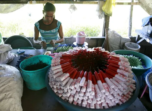A worker makes fireworks inside a shanty in Bocaue town, Bulacan province, Philippines, December 26, 2015. (Photo by Romeo Ranoco/Reuters)