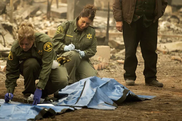 Sheriff's deputies recover the bodies of multiple Camp Fire victims at the from a Holly Hills Mobile Estates residence on Wednesday, November 14, 2018, in Paradise, Calif. (Photo by Noah Berger/AP Photo)