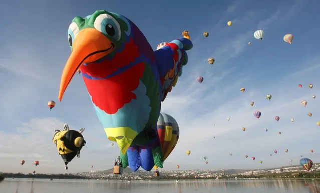 Balloons take off over the Palote dam during the Hot Air Balloon Festival in Leon, Mexico, Friday, November 15, 2013. More than 200 balloons from different countries participated in this year's festival. (Photo by Mario Armas/AP Photo)
