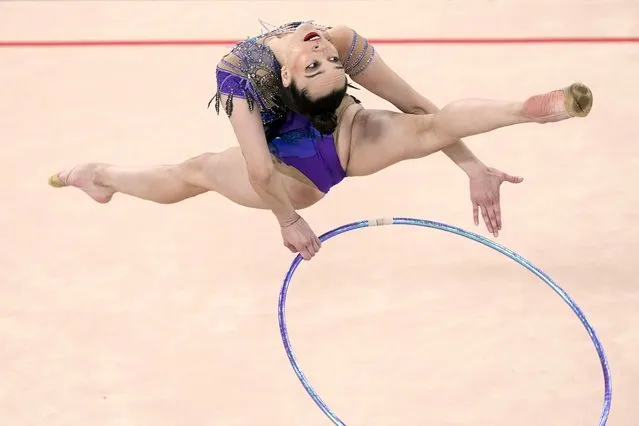 Mexico's Ledia Juarez competes in the gymnastics rhythmic individual hoop final at the Pan American Games in Santiago, Chile, Friday, November 3, 2023. (Photo by Esteban Felix/AP Photo)