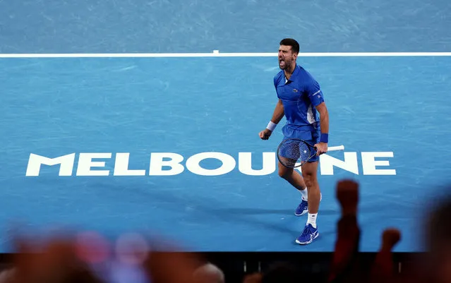 Serbia's Novak Djokovic reacts after winning his second round match against Australia's Alexei Popyrin at the Australian Open in Melbourne on January 17, 2024. (Photo by Eloisa Lopez/Reuters)