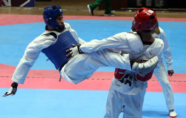 Afghanistan Ramesh Hussaini (blue) in action against Pakistani Adil (red) during the men's Taekwondo International Championship in Islamabad, Pakistan 08 November 2021. Besides hosts Pakistan, Afghanistan, Albania, Nepal, Jordon, Kazakhstan, Oman, Egypt, Iran, Turkey, Morocco, United Arab Emirates (UAE), El-Salvador, Croatia, and WT Refuge Team are in the participating in the event. (Photo by Sohail Shahzad/EPA/EFE)