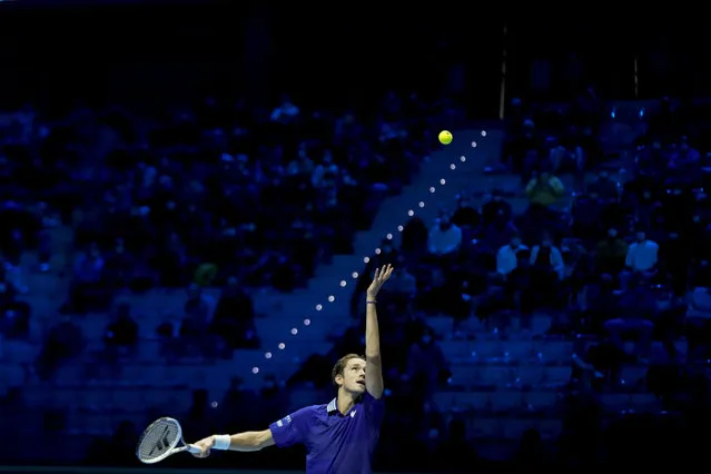 Danil Medvedev of Russia returns the ball to Hubert Hurkacz of Poland during their ATP World Tour Finals singles tennis match, at the Pala Alpitour in Turin, Sunday, November 14, 2021. (Photo by Luca Bruno/AP Photo)