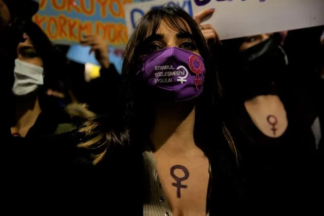 Demonstrators protest against gender-based violence on the International Day for the Elimination of Violence Against Women, in Istanbul, Turkey on November 25, 2021. (Photo by Dilara Senkaya/Reuters)