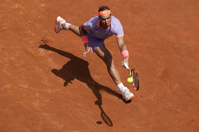 Spain's Rafael Nadal returns the ball to Belgium's Zizou Bergs at the Italian Open tennis tournament, in Rome, Thursday, May 9, 2024. (Phoot by Alessandra Tarantino/AP Photo)