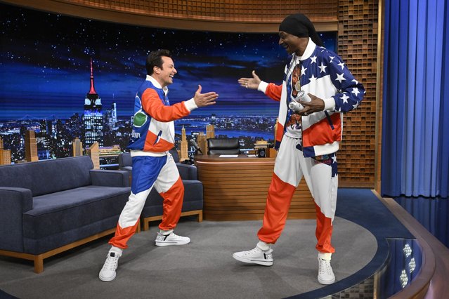 The American rapper Snoop Dogg went for a patriotic look for his guest appearance on The Tonight Show Starring Jimmy Fallon on Monday, May 13, 2024 in New York. (Photo by Todd Owyoung/NBC via Getty Images)