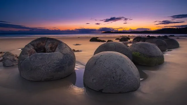 The Moeraki Boulders on the South Island, New Zealand are said to be more than five million years old. (Photo by William C. Y. Chu/Getty Images)