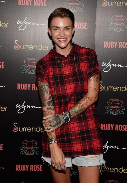 Actress/DJ Ruby Rose arrives at the Surrender Nightclub in Encore at Wynn Las Vegas to perform a DJ set early August 20, 2015 in Las Vegas, Nevada. (Photo by David Becker/Getty Images for Wynn Las Vegas)