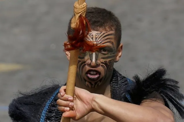 A Maori warrior from New Zealand takes part in the traditional Bastille Day military parade on the Champs Elysees in Paris, France, July 14, 2016. (Photo by Benoit Tessier/Reuters)