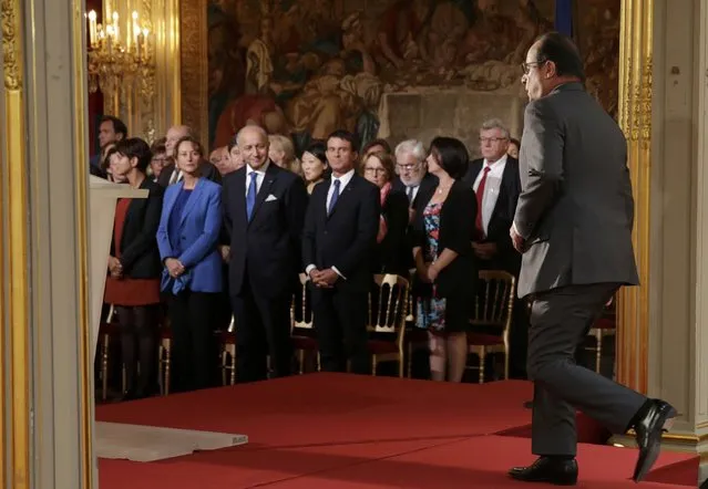 French President Francois Hollande arrives on stage to attend his news conference at the Elysee Palace in Paris, France, September 7, 2015. (Photo by Philippe Wojazer/Reuters)