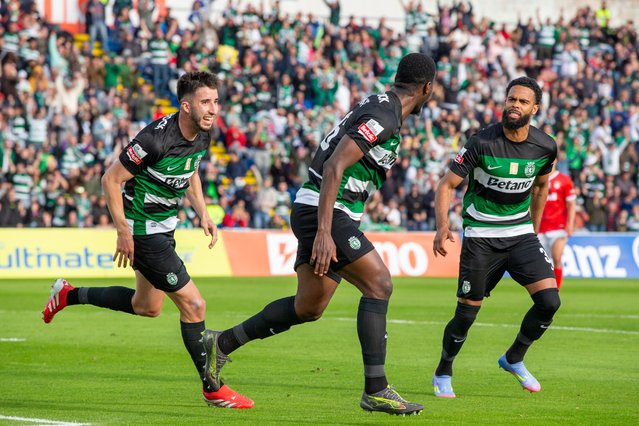 Sporting players celebrate a goal against Santa Clara during their Portuguese First League soccer match held at Sao Miguel stadium in Ponta Delgada, Azores, Portugal, 12 April 2025. (Photo by Eduardo Costa/EPA)