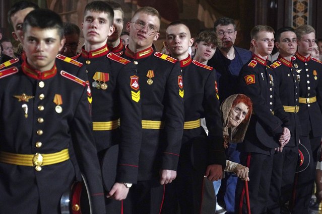 Russian military cadets attend the Orthodox Easter service at Christ the Saviour Cathedral in Moscow, Russia, on Sunday, April 20, 2025. (Photo by Sergey Vlasov/Russian Orthodox Church Press Service via AP Photo)