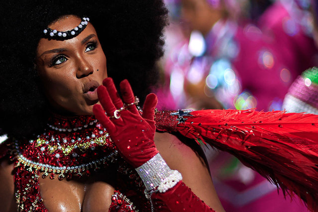Queen of drums, Evelyn Bastos of Mangueira performs during 2024 Carnival parades at Sapucai Sambodrome on February 12, 2024 in Rio de Janeiro, Brazil. (Photo by Buda Mendes/Getty Images)