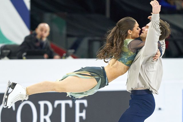 Laurence Fournier Beaudry and Nikolaj Soerensen of Canada skate in the ice dance/free dance program during the International Skating Union (ISU) World Figure Skating Championships in Montreal, Canada, on March 23, 2024. (Photo by Geoff Robins/AFP Photo)