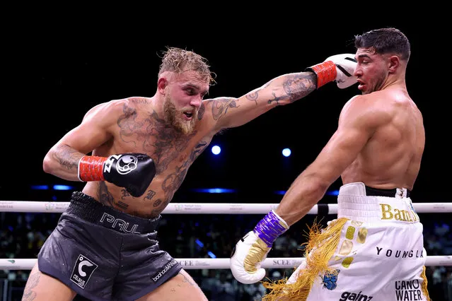 Jake Paul attempts to punch Tommy Fury during the Cruiserweight Title fight between Jake Paul and Tommy Fury at the Diriyah Arena on February 26, 2023 in Riyadh, Saudi Arabia. (Photo by Francois Nel/Getty Images)