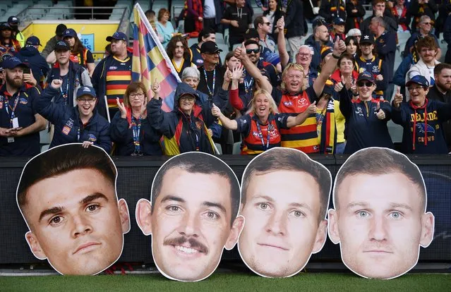 Crows fans celebrates the win during the round four AFL match between Adelaide Crows and Fremantle Dockers at Adelaide Oval, on April 08, 2023, in Adelaide, Australia. (Photo by Mark Brake/Getty Images)