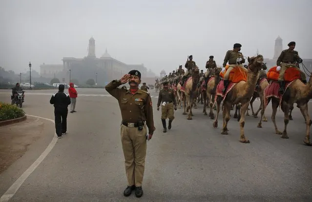 An Indian Border Security Force (BSF) soldier salutes to the marching ground as his camel mounted contingent practices a march during rehearsals for the Republic Day parade amidst the morning fog, in New Delhi, India, Wednesday, January 7, 2015. (Photo by Manish Swarup/AP Photo)