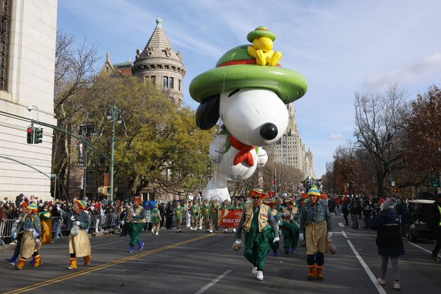 Beagle Scout Snoopy balloon during the 2025 Macy's Thanksgiving Day Parade on November 27, 2025 in New York City. (Photo by Kevin Mazur/Getty Images)