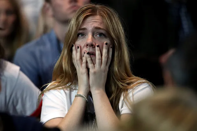 A woman reacts as she watches voting results at Democratic presidential nominee former Secretary of State Hillary Clinton's election night event at the Jacob K. Javits Convention Center November 8, 2016 in New York City. Clinton is running against Republican nominee, Donald J. Trump to be the 45th President of the United States. (Photo by Win McNamee/Getty Images)