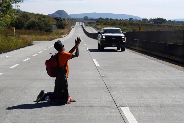 A migrant, part of a caravan of thousands traveling from Central America en route to the United States, attempts to hitchhike on the motorway on the outskirts of Guadalajara, Mexico November 13, 2018. (Photo by Go Nakamura/Reuters)