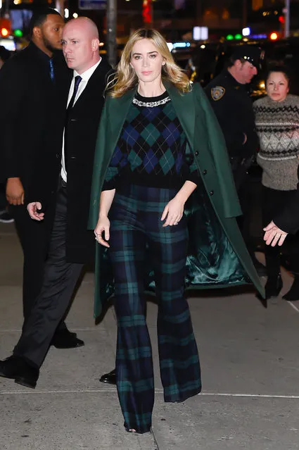 Actress Emily Blunt arrives to “The Late Show With Stephen Colbert” at the Ed Sullivan Theater    on December 17, 2018 in New York City.  (Photo by Raymond Hall/GC Images)