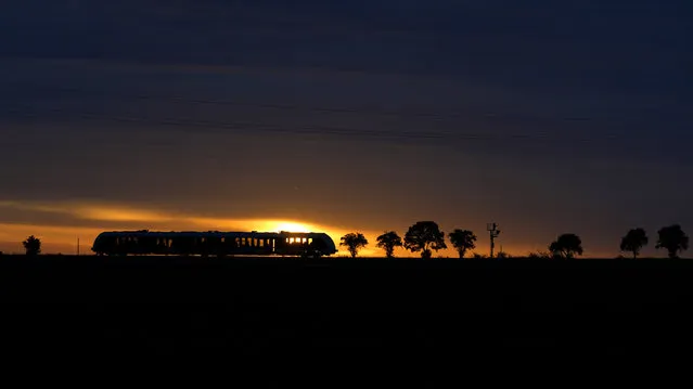 A regional train passes trees silhouetted by the rising sun near Wernigerode, Germany, Friday, October 13, 2023. (Photo by Matthias Schrader/AP Photo)