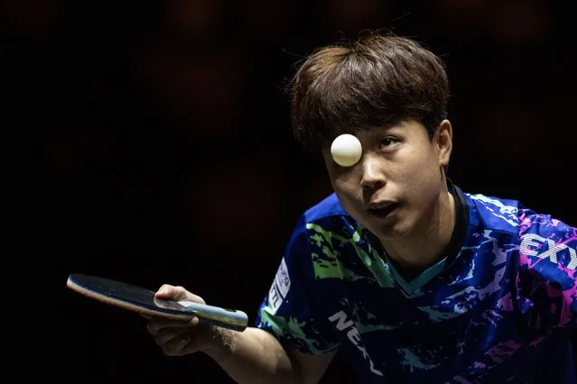 South Korea's Joo Cheon-hui eyes the ball during the women's singles R16 table tennis match against Germany's Han Ying at the WTT Finals Women Nagoya 2023 in Nagoya on December 15, 2023. (Photo by Philip Fong/AFP Photo)