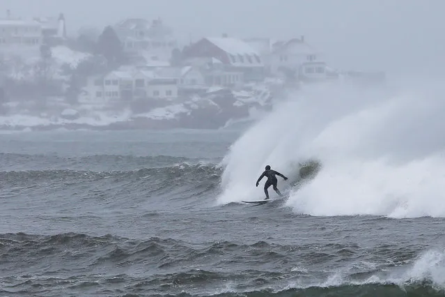 Surfers take advantage of wind and waves from a winter snow storm in Gloucester, Massachusetts, U.S. February 13, 2017. (Photo by Brian Snyder/Reuters)