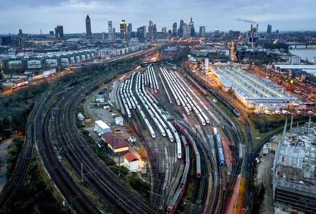 Trains are parked outside the central train station in Frankfurt, Germany, Tuesday, March 12, 2024. German train drivers union GDL called for another strike on Tuesday. (Photo by Michael Probst/AP Photo)