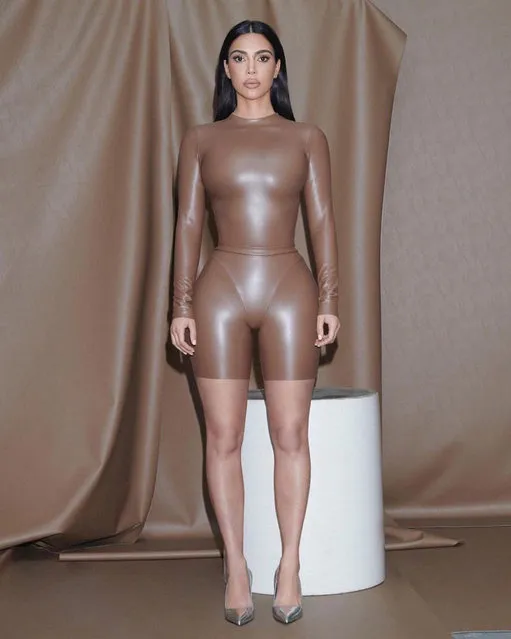 American socialite Kim Kardashian models her new faux leather Skims in January 2022. New @skims Faux Leather Collection dropping on Friday, January 15. (Photo by krisjenner/Instagram)