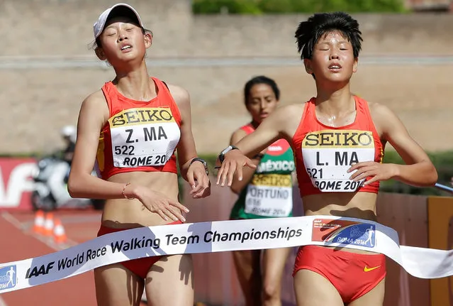 Ma Li of China (R) crosses the finish line before Ma Zhenxia of China and third-placed Valeria Ortuno of Mexico to win the junior women's 10 kilometres race walk at the World Race Walking Team Championships in Rome, Italy, May 7, 2016. (Photo by Max Rossi/Reuters)