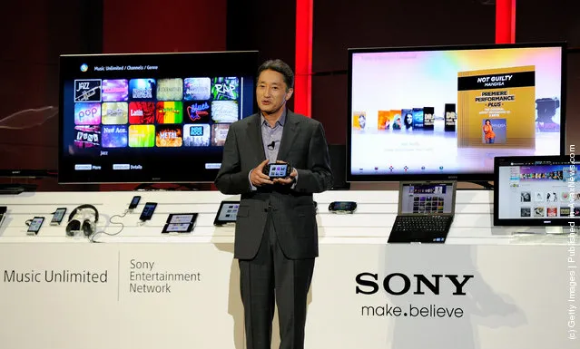 Sony Corp. Executive Deputy President Kazuo Hirai speaks about Sony Network Entertainment's Music Unlimited service during a Sony press event at the Las Vegas Convention Center for the 2012 International Consumer Electronics Show