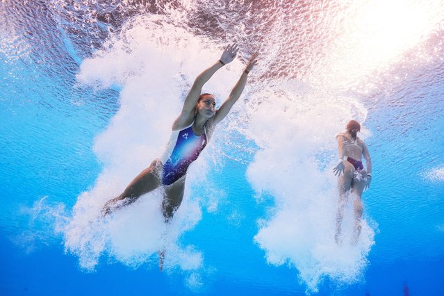 Nais Gillet and Juliette Landi of Team France compete in the Women's Synchronised 3m Springboard Final on day one of the Olympic Games Paris 2024 at Aquatics Centre on July 27, 2024 in Paris, France. (Photo by Quinn Rooney/Getty Images)