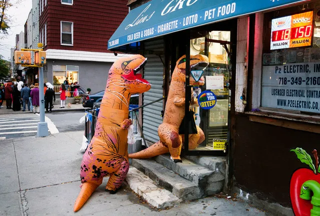 Two kids in dinosaur costumes go trick-or-treating in a store during Halloween in Brooklyn, New York, USA, 31 October 2019. (Photo by Justin Lane/EPA/EFE)