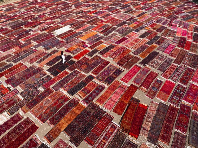 An aerial view of the hand-woven authentic Turkish rugs laid under the sun to complete the coloring process and sanitize in Antalya, Turkiye on August 05, 2024. In the spring, women work for days to harvest agricultural produce, and in the summer they turn carpets and rugs into pastels by fading their colors and disinfecting them from germs. (Photo by Beytullah Eles/Anadolu via Getty Images)