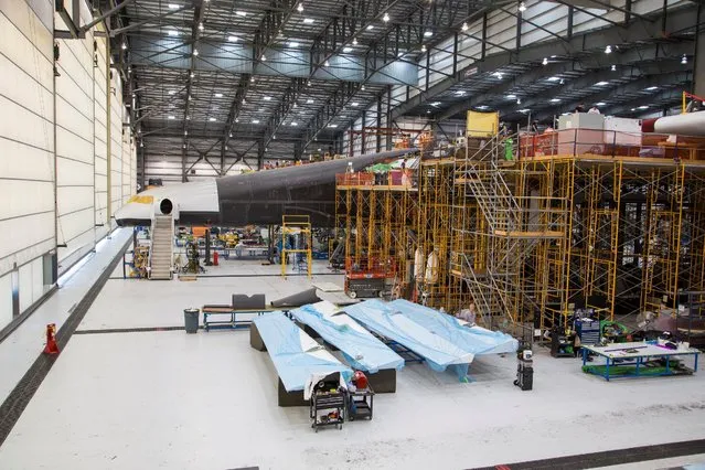 Vulcan Aerospace's Stratolaunch rockets' left fuselage assembly is shown under construction by  Northrop Grumann Scaled Composites at the Mojave Air and Space Port in Mojave, California, U.S. in this handout photo released to Reuters June 19, 2016. (Photo by Reuters/Vulcan Industries)