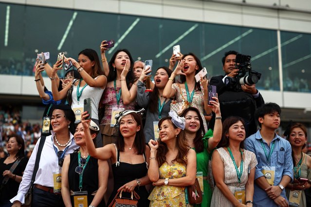 Guests react as they gather trackside to watch the final race of the Singapore Turf Club in Kranji, Singapore on October 5, 2024. (Photo by Edgar Su/Reuters)