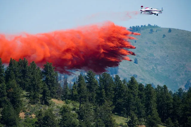 A plane drops retardant while battling the Cold Springs Fire near Nederland, as viewed from Sugarloaf, Colo., Sunday, July 10, 2016. Fire authorities are warning that shifting high winds and high temperatures could put homes in danger. The fire that started on Saturday spread quickly. (Photo by Autumn Parry/AP Photo)
