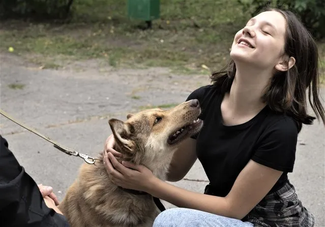 A girl plays with a dog in a pet shelter in Kyiv, Ukraine, Tuesday, July 19, 2022. Shellshocked family pets started roaming around Ukraine's capital with nowhere to go in the opening stages of Russia's war. Volunteers opened a shelter to take them in and try to find them new homes or at least some human companionship. (Photo by Efrem Lukatsky/AP Photo)