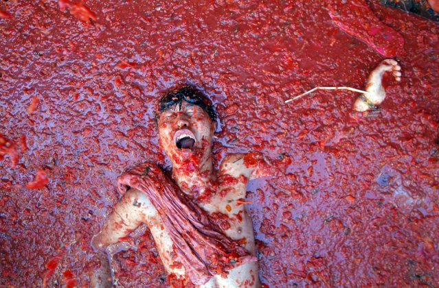 A man lays in a puddle of squashed tomatoes, during the annual “Tomatina” tomato fight fiesta in the village of Bunol, 50 kilometers outside Valencia, Spain, Wednesday, August 27, 2014. (Photo by Alberto Saiz/AP Photo)