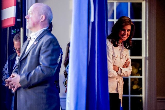 Republican US presidential candidate Nikki Haley (R) reacts backstage before speaking at a campaign rally in Rock Hill, South Carolina, USA, 18 February 2024. Haley, the former South Carolina governor, is running against former US President Donald Trump in the South Carolina Republican Presidential Primary 24 February 2024. (Photo by Erik S. Lesser/EPA/EFE)