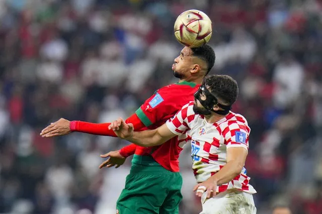 Morocco's Youssef En-Nesyri, left, and Croatia's Josko Gvardiol fight for the ball during the World Cup third-place playoff soccer match between Croatia and Morocco at Khalifa International Stadium in Doha, Qatar, Saturday, December 17, 2022. (Photo by Hassan Ammar/AP Photo)