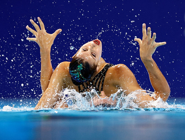 Spain's Dennis Gonzalez Boneu and Iris Tio Casas perform during the artistic swimming mixed duet free final on day 15 of the Singapore 2025 World Aquatics Championships at World Aquatics Championships Arena on July 25, 2025 in Singapore. (Photo by Tingshu Wang/Reuters)