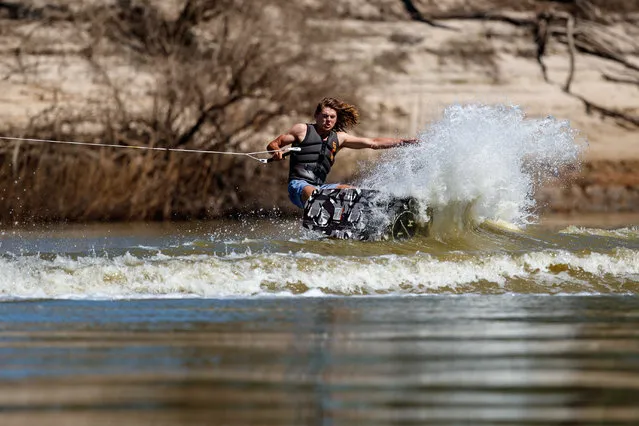 Wakeboarders allowed for the first time this year in Morgan, SA, Saturday, March 4, 2023. Morgan, a small town in regional South Australia was gripped by heavy flooding last year. (Photo by Matt Turner/AAP Image)