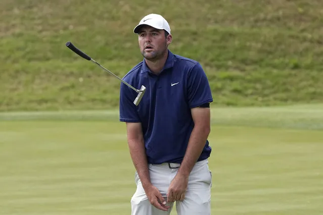 Scottie Scheffler reacts to missing a putt on the 12th hole during the semifinal round at the Dell Technologies Match Play Championship golf tournament in Austin, Texas, Sunday, March 26, 2023. Scheffler lost to Sam Burns. (Photo by Eric Gay/AP Photo)