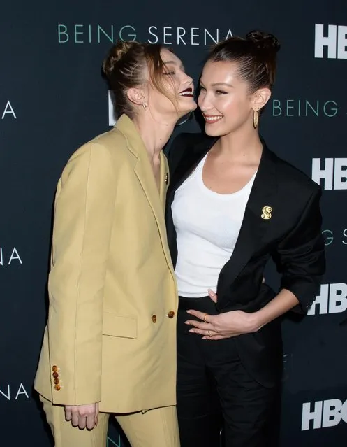 Gigi Hadid (L) and Bella Hadid attend the “Being Serena” New York Premiere at Time Warner Center on April 25, 2018 in New York City. (Photo by The Mega Agency)